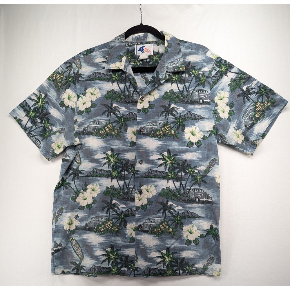 Nui Nalu Hawaiian Shirt Mens Blue Woodie Car‎ Surfboard Tropical Made in USA L